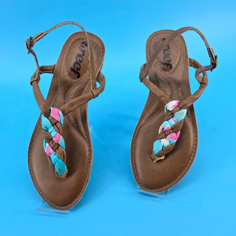 Reef Womens Braided Thong Sandals Brown Pink Blue Ankle Strap Flat Boho Size 6